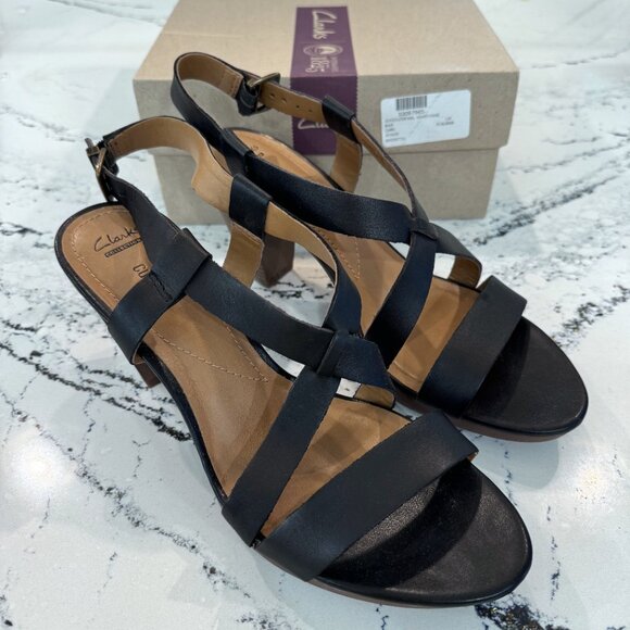 Clarks Jaelyn Fog Platform Sandal Black Leather Size 11 Heel Height 3.25" - Picture 2 of 5